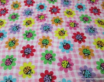 Flannel Fabric - Ladybug Daisies - By the yard - 100% Cotton Flannel