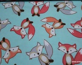 Flannel Fabric - Smiling Fox on Aqua - By the yard - 100% Cotton Flannel