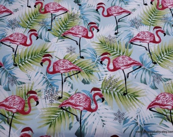 Christmas Flannel Fabric - Tropical Flamingos with Santa Hats on Aqua - By the Yard - 100% Cotton Flannel