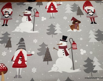 Christmas Flannel Fabric - Gnomes in the Woods Gray - By the yard - 100% Cotton Flannel
