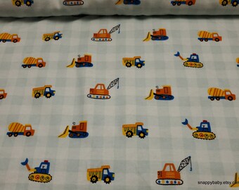 Flannel Fabric - Transportation Construction Trucks on Light Blue Plaid - By the yard - 100% Cotton Flannel