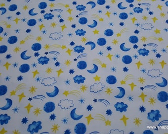 Flannel Fabric - Stars and Planets in the Night Sky on White - By the yard - 100% Cotton Flannel