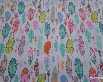 Flannel Fabric - Multicolor Feathers on White - By the Yard - 100% Cotton Flannel