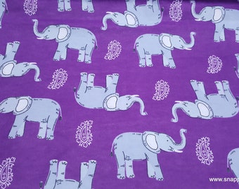 Flannel Fabric - Sketched Elephant and Paisley Purple - By the yard - 100% Cotton Flannel