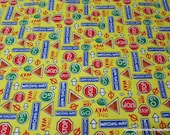 Flannel Fabric - Street Signs on Yellow - 1 yard - 100% Cotton Flannel