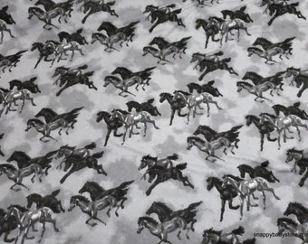 Flannel Fabric - Black Gray Horses on Gray - By the yard - 100% Cotton Flannel