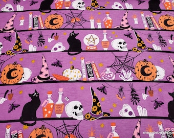 Remnant Flannel Fabric - Witches Icons on Shelves - Choose your Size - 100% Cotton Flannel