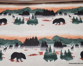 Flannel Fabric - Wilderness Landscape with Bears on Beige - By the yard - 100% Cotton Flannel