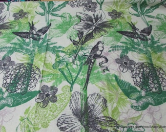 Flannel Fabric - Birds and Flowers Line Green - By the yard - 100% Cotton Flannel