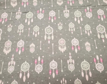 Flannel Fabric - Dreamcatchers Gray Pink - By the yard - 100% Cotton Flannel