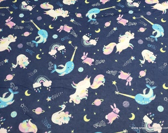Flannel Fabric - Unicorns Narwhals Orchestra on Navy - By the yard - 100% Cotton Flannel