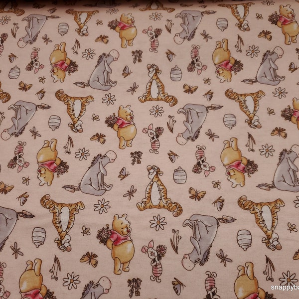 Character Flannel Fabric - Winnie the Pooh New Blooms on Light Pink - By the yard - 100% Cotton Flannel