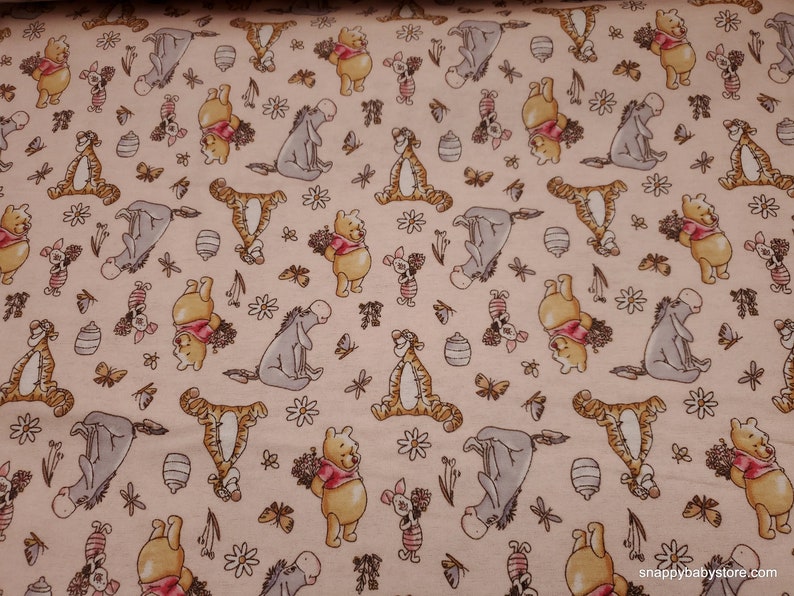 Character Flannel Fabric Winnie the Pooh New Blooms on Light Pink By the yard 100% Cotton Flannel image 1