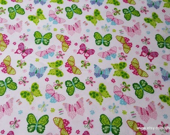 Flannel Fabric - Butterflies on White - By the yard - 100% Cotton Flannel