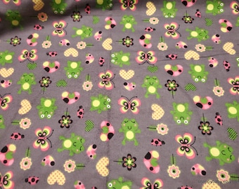 Flannel Fabric - Frogs and Flowers Gray - By the yard - 100% Cotton Flannel