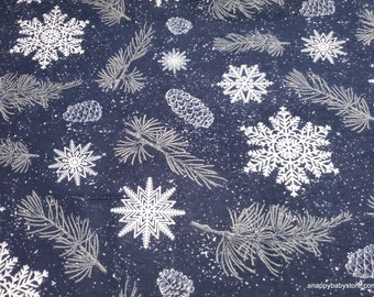 Christmas Flannel Fabric - Starry Night Snowflake and Pine Needles - By the yard - 100% Cotton Flannel