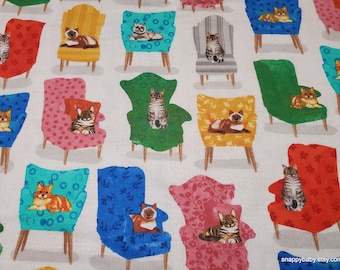 Flannel Fabric - Cats in Rainbow Chairs - By the yard - 100% Cotton Flannel