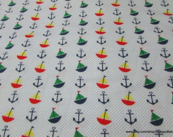 Flannel Fabric - Sailboats Anchors Dots - By the yard - 100% Cotton Flannel
