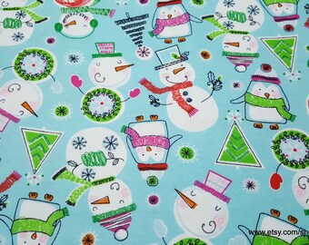 Christmas Flannel Fabric - Scribbled Snowmen - By the yard - 100% Cotton Flannel