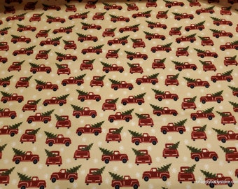 Christmas Premium Flannel Fabric - Jingle Bell Red Truck Beige Premium - By the yard - 100% Premium Cotton Flannel