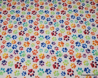 Flannel Fabric - Rainbow Paws White - By the yard - 100% Cotton Flannel