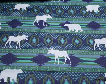 Flannel Fabric - Blue Stripe Aztec Animals - By the yard - 100% Cotton Flannel