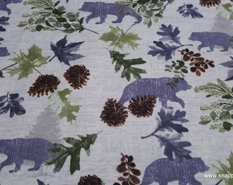 Flannel Fabric - Bear with Leaves on Ivory - By the yard - 100% Cotton Flannel