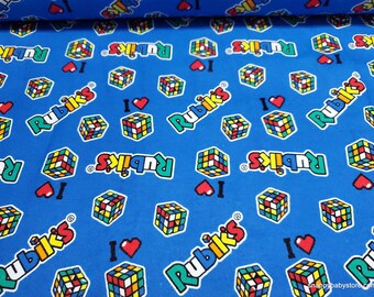 Licensed Flannel Fabric - Rubik's Patches on Blue - By the yard - 100% Cotton Flannel