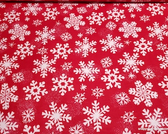 Christmas Flannel Fabric - Snowflakes on Red - By the yard - 100% Cotton Flannel