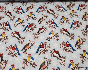 Christmas Flannel Fabric - Holiday Birds on Blue - By the yard - 100% Cotton Flannel