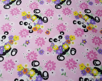 Flannel Fabric - Pandas and Flowers on Pink - By the yard - 100% Cotton Flannel