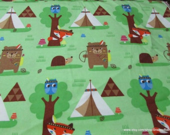 Flannel Fabric - Teepees and Animals on Green - By the yard - 100% Cotton Flannel