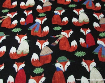 Flannel Fabric - Foxes on Black Premium - By the yard - 100% Cotton Flannel