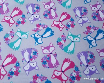 Flannel Fabric - Floral Tail Fox - By the yard - 100% Cotton Flannel