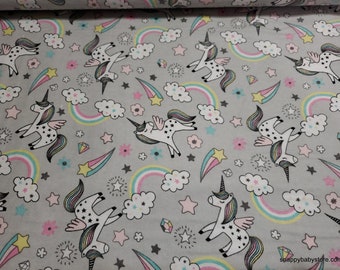 Flannel Fabric - Unicorns Rainbows Stars on Gray - By the yard - 100% Cotton Flannel