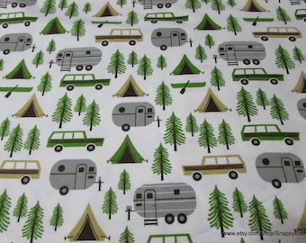 Flannel Fabric - Camping Trip on White - By the Yard - 100% Cotton Flannel