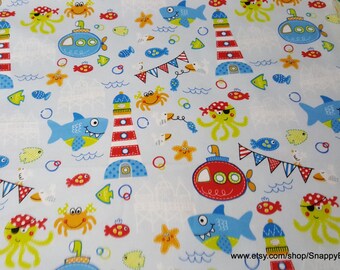 Flannel Fabric - Shark Life Light Blue - By the yard - 100% Cotton Flannel