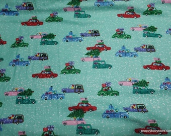 Luxe Christmas Flannel Fabric - Holiday Cars on Aqua Luxe - By the yard - 30% Cotton Flannel, 70 Rayon