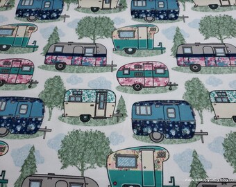 Flannel Fabric - Floral Campers and Pines - By the yard - 100% Cotton Flannel