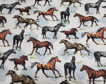 Flannel Fabric - Horses on White - By the Yard - 100% Cotton Flannel