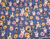 Flannel Fabric - Floral Dog Faces - By the yard - 100% Cotton Flannel