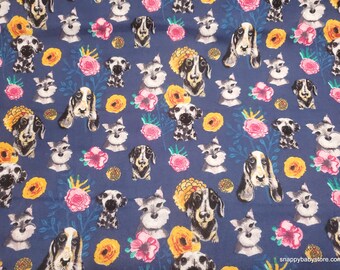Flannel Fabric - Floral Dog Faces - By the yard - 100% Cotton Flannel