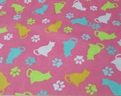 Flannel Fabric - Tossed Cats Pink- By the yard - 100% Cotton Flannel