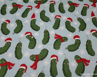 Remnant Flannel Fabric - Christmas Pickles on Blue - Choose your Size - 100% Cotton Flannel