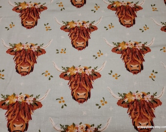 Flannel Fabric - Floral Highland Cows on Blue - By the yard - 100% Cotton Flannel