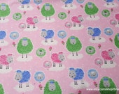 Flannel Fabric - Sheepies on Pink - By the yard - 100% Cotton Flannel