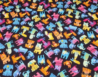 Flannel Fabric - Rainbow Dogs on Black - By the Yard - 100% Cotton Flannel