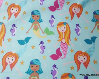 Premium Flannel Fabric - Mermaid Fairy Tales Aqua Premium - By the yard - 100% Premium Cotton Flannel