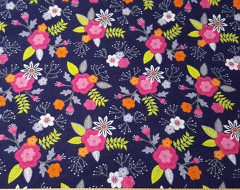 Flannel Fabric - Paradise Flowers on Navy - By the yard -100% Cotton Flannel