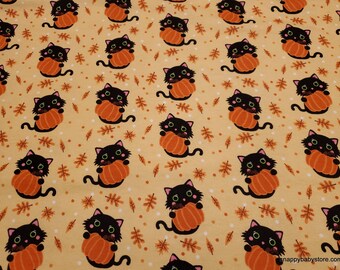 Flannel Fabric - Black Cats and Pumpkins  - By the Yard - 100% Cotton Flannel